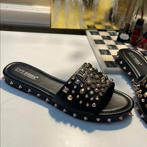 Cape Robbin Black and Gold Sandals with Bold Design Studsed - Picture 7 of 16